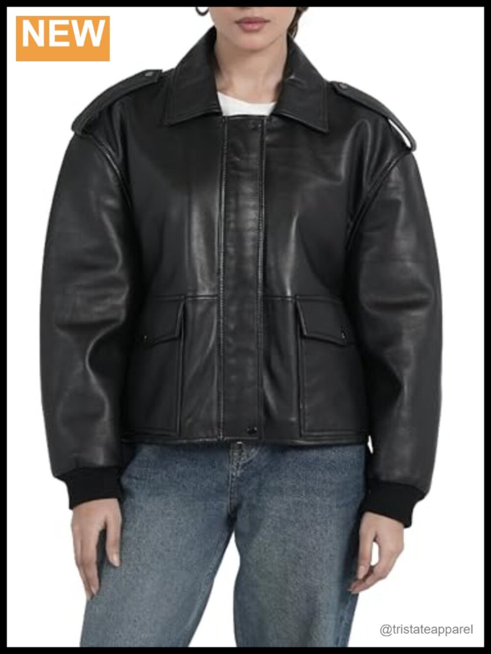Oversized Cropped Lambskin Leather Bomber Jacket Streetwear